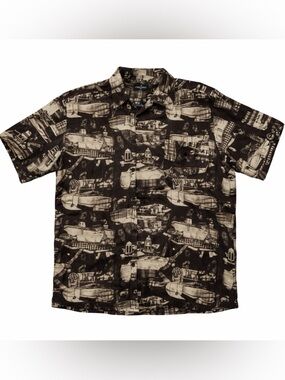 George Mens Large Brown Graphic Print Button Up Shirt Casual Rayon Summer